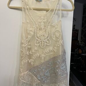 Elegant Leifnotes by Anthropologie Cream Embroidered Lace Tank Cottagecore L